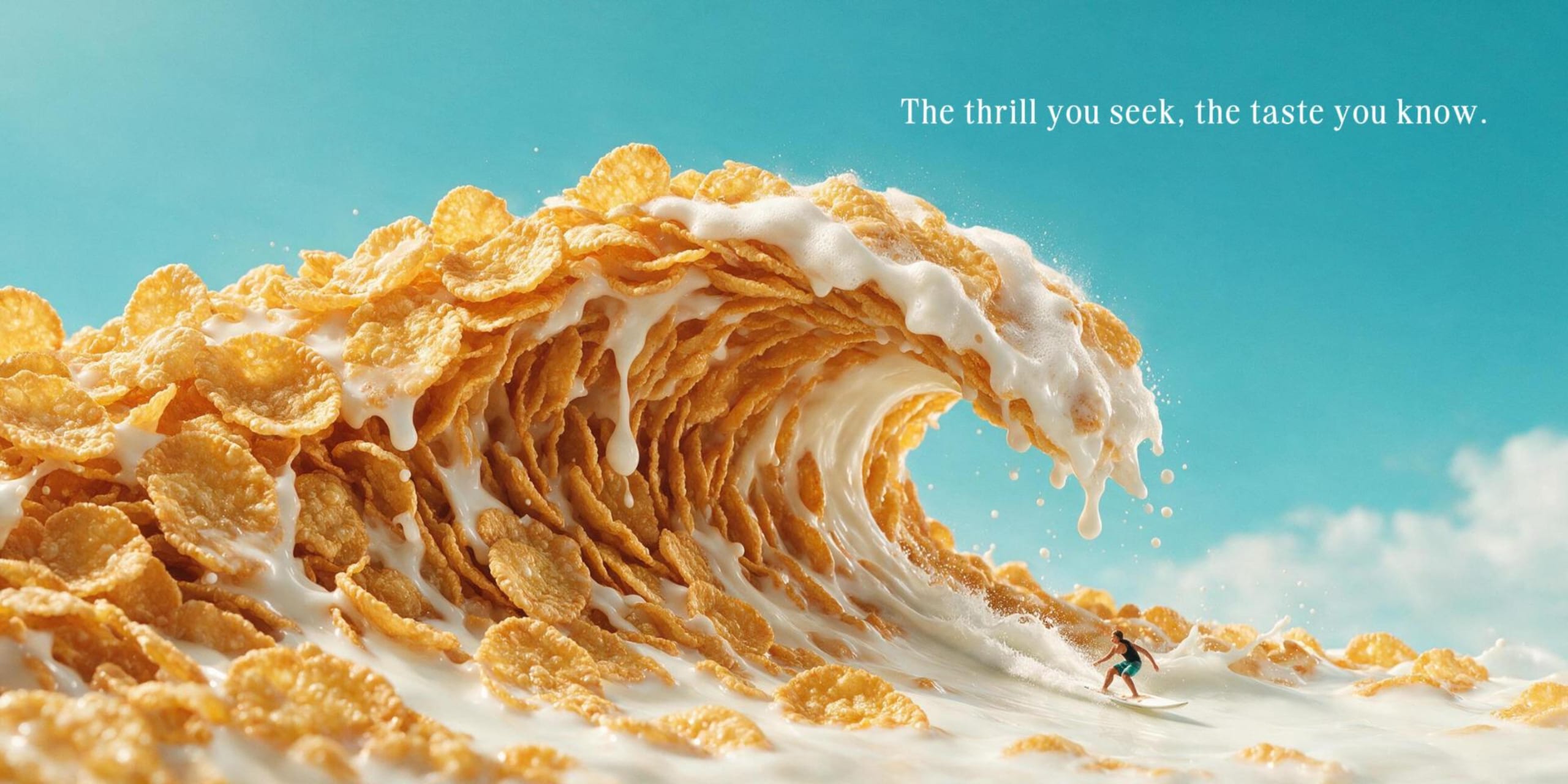 Surfer riding a wave made of cereal and milk