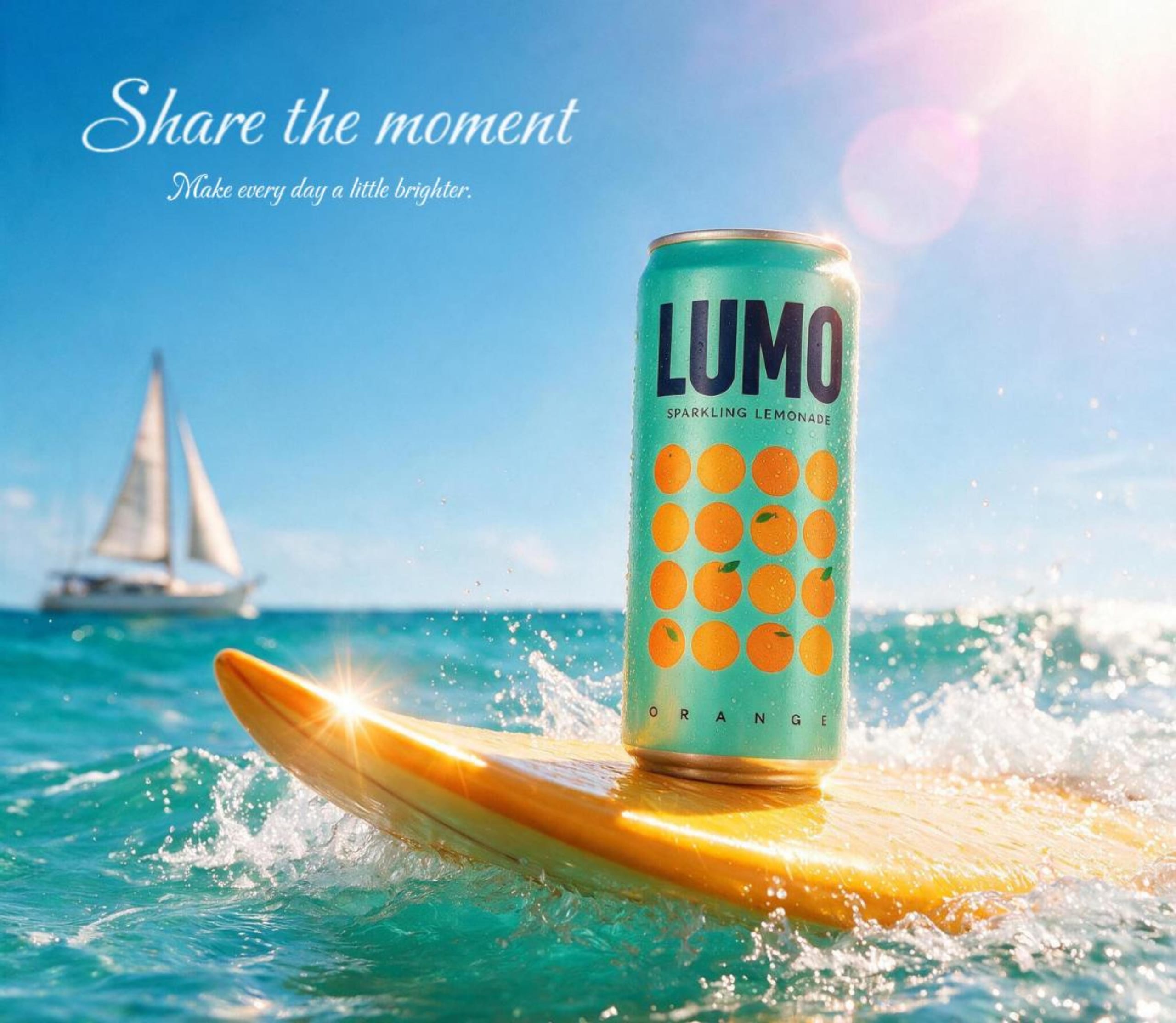 Orange lemonade can standing on a surfboard in ocean spray
