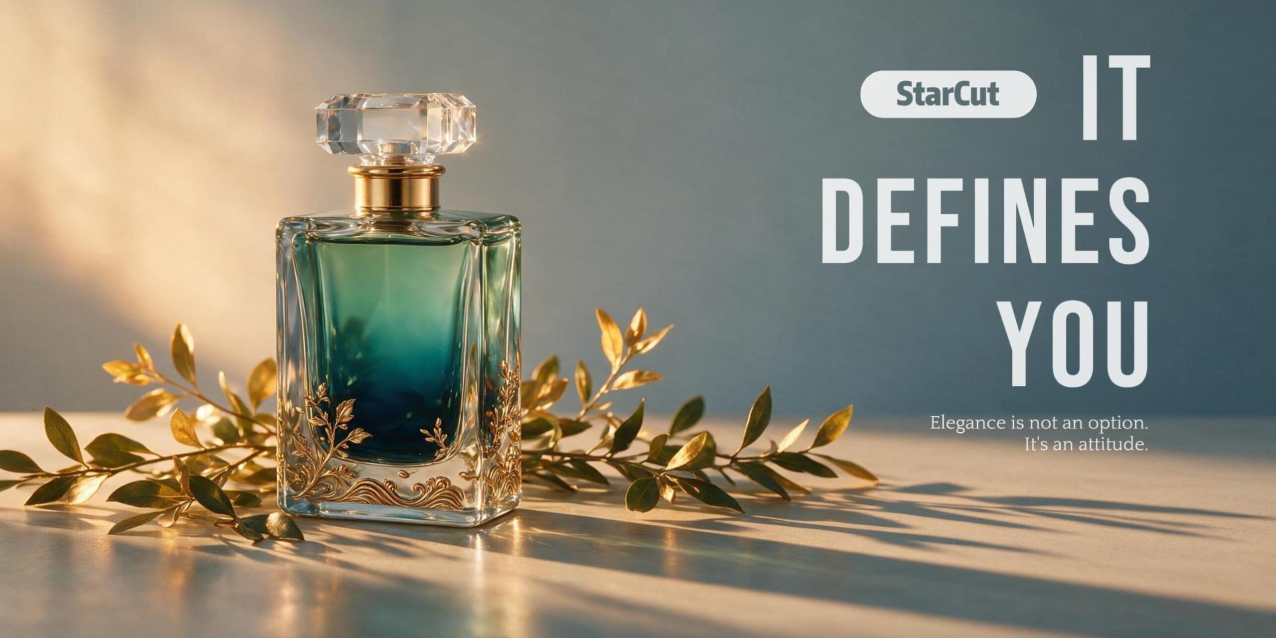 Crystal perfume bottle with gold leaves and the words It defines you