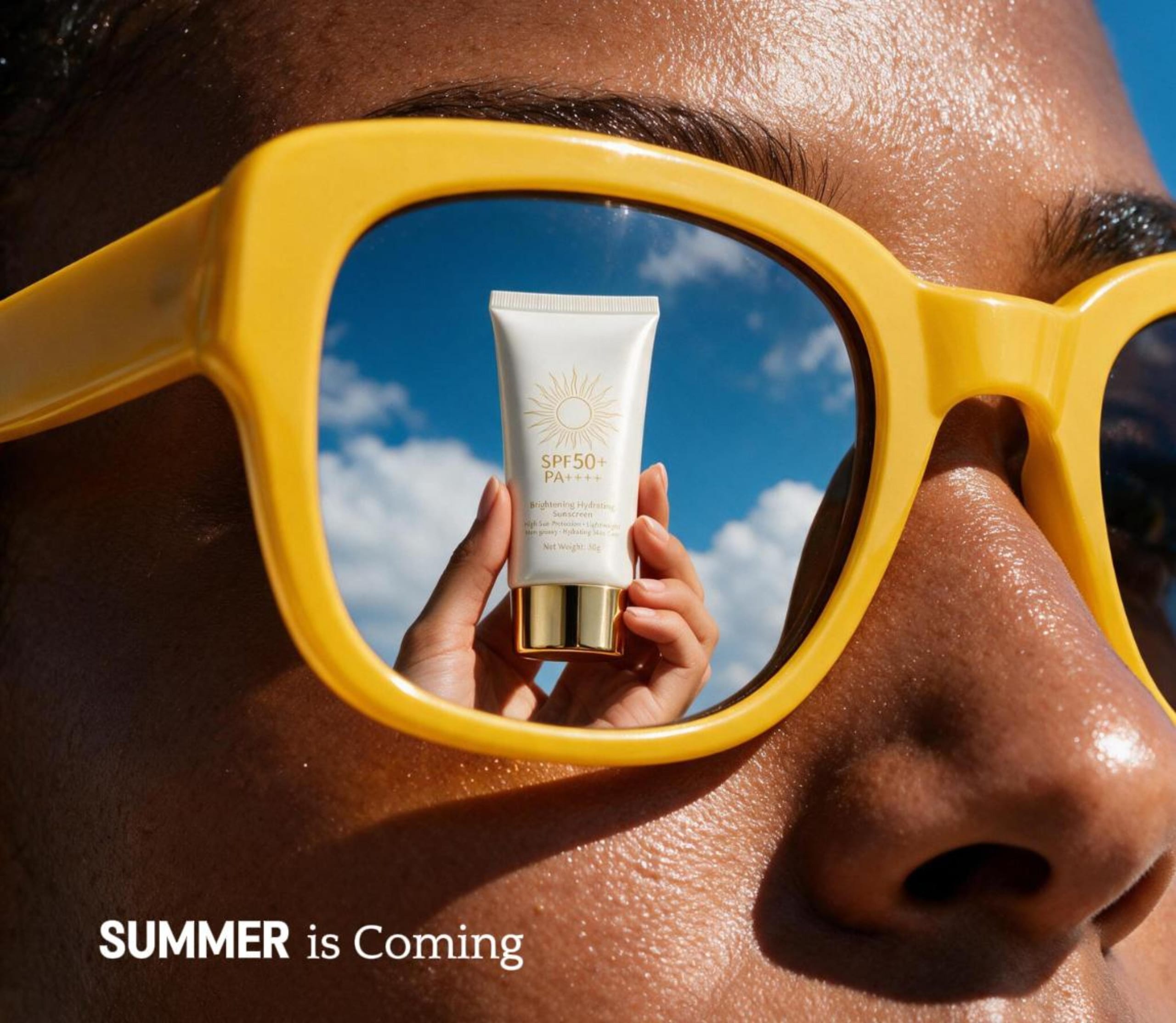 Yellow sunglasses reflecting a sunscreen tube against a blue sky