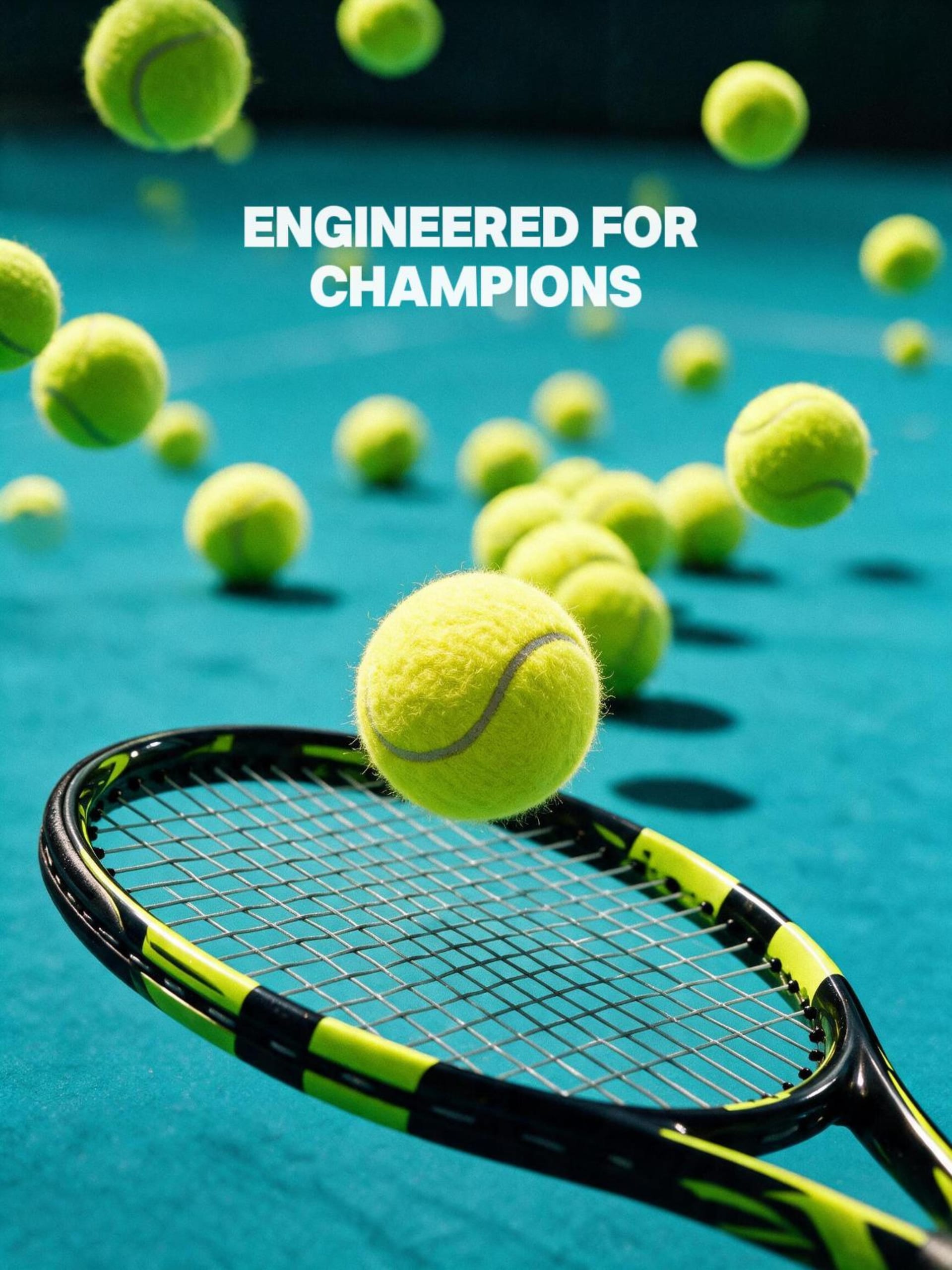 Tennis racket and bouncing tennis balls on a teal court